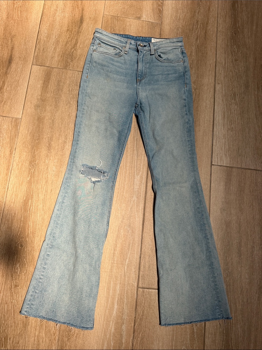 rag & bone Light Blue Flare Jeans with Distressed Knee